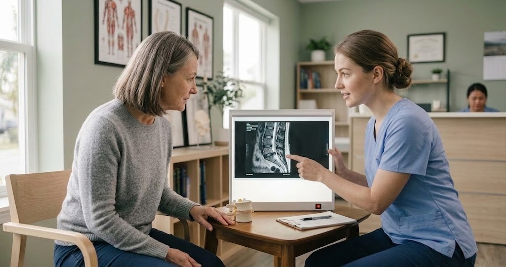A chiropractor reviewing a written MRI report line by line with a patient