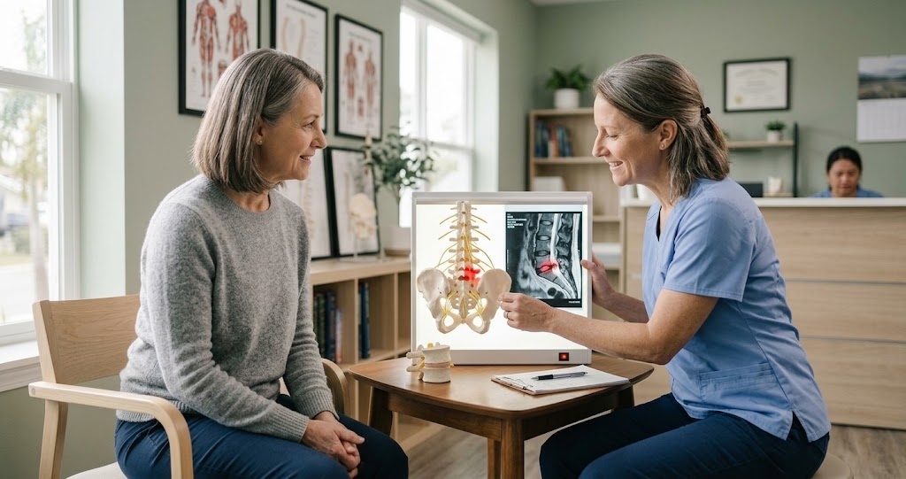 A spine model and MRI report on a desk during a consultation about an L4-L5 disc herniation