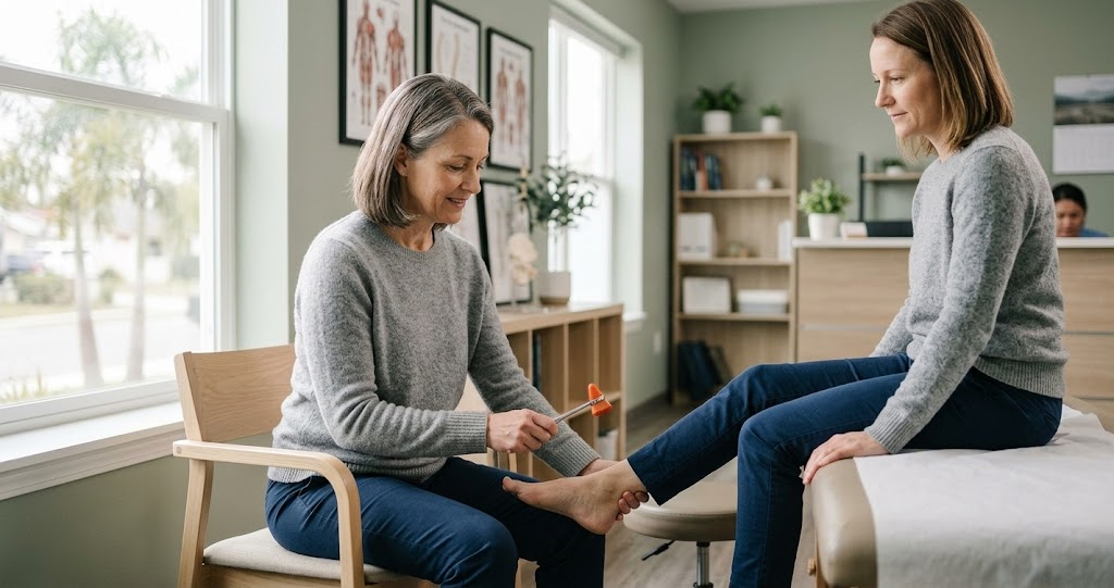 A chiropractor performing an orthopedic and neurological leg-raise test on a patient in an exam room