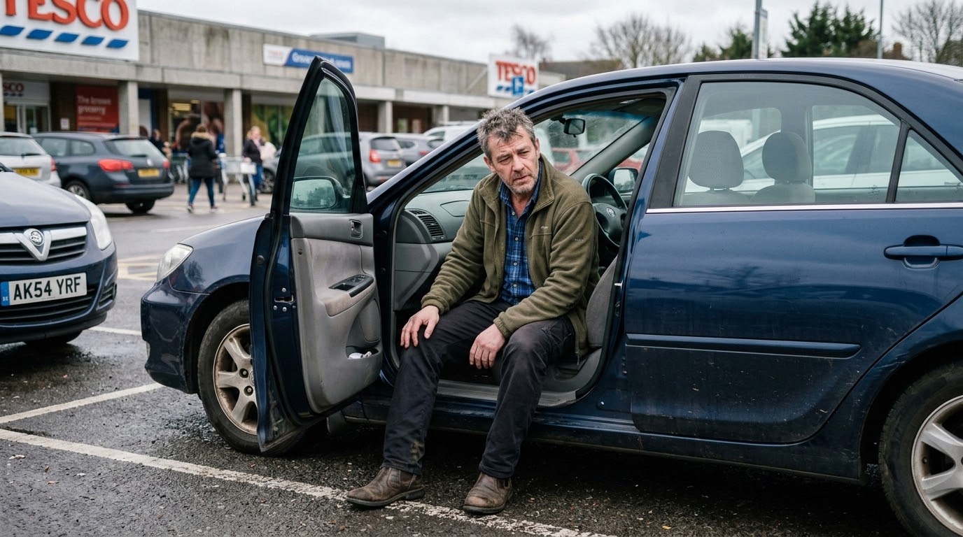 A middle-aged man pausing as he sits in his open car door in a parking lot after a drive
