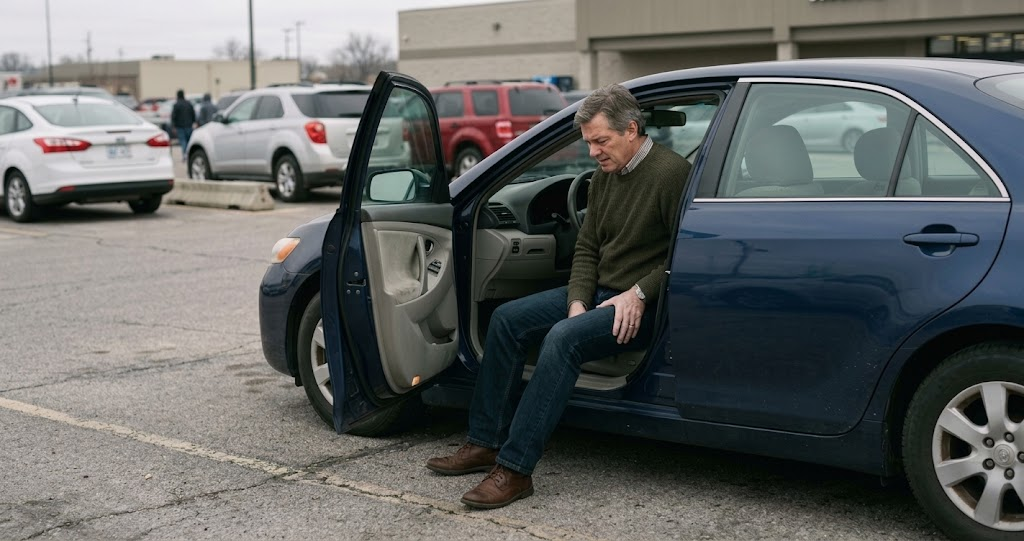 A driver pausing beside the open door of their car after a long commute, easing tension in the lower back and leg